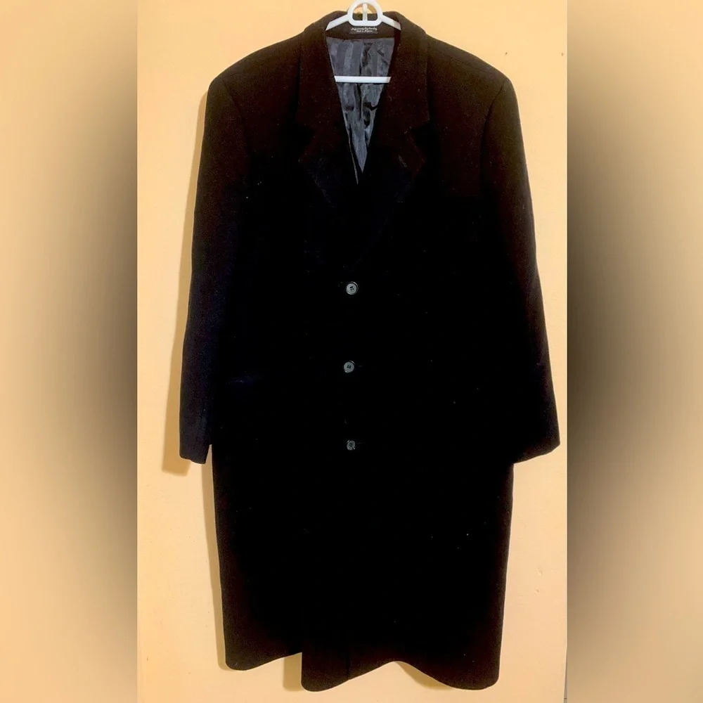 Men's Black Trench Coat sz R 46 100% Wool Shell and 100% Rayon lining